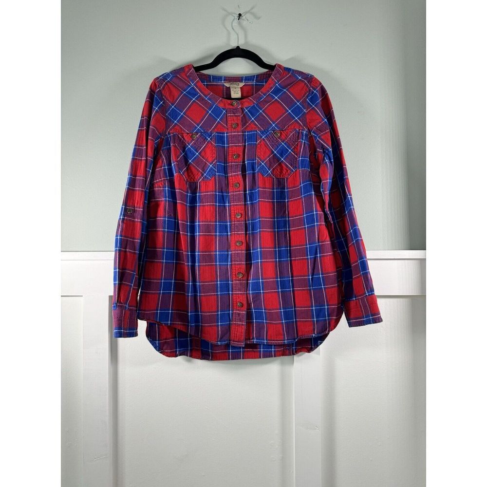Duluth Trading Co Red Blue Plaid Flannel Button Down Shirt Top Womens Medium‎